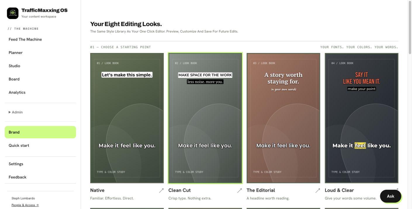 Actual editing-style library showing Native, Clean Cut, The Editorial and Loud and Clear previews