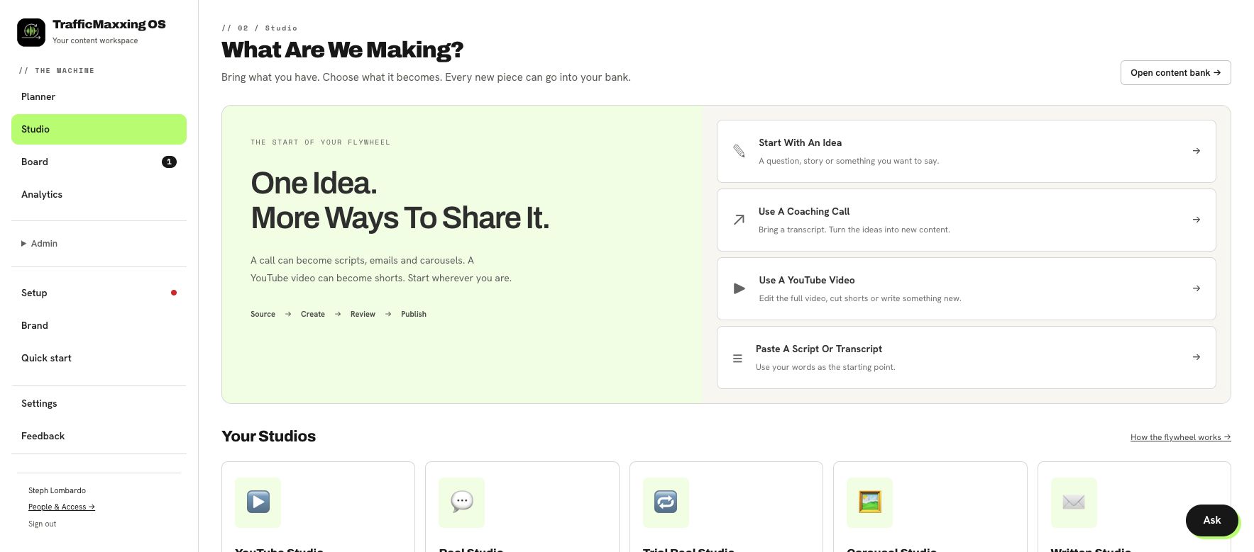 TrafficMaxxing OS Studio with source inputs and content studios